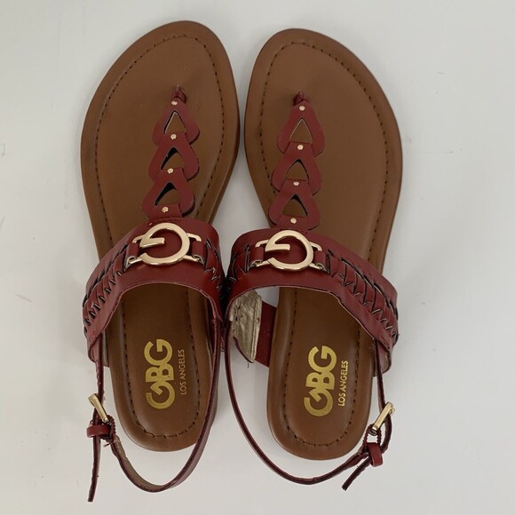 GBG Guess Lovey Sandals Women 6.5 Red Gold Slingback T-Strap Open Toe Summer - Picture 4 of 8